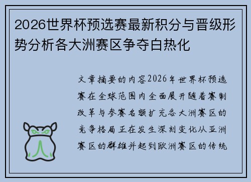 2026世界杯预选赛最新积分与晋级形势分析各大洲赛区争夺白热化